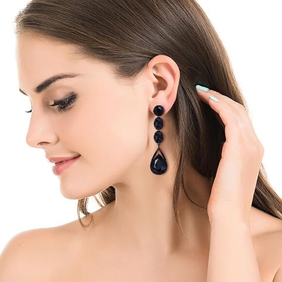 Carbon Black with Black Onyx Crystal Teardrop Halo Chandelier Post Back Earrings - Picture 3 of 6